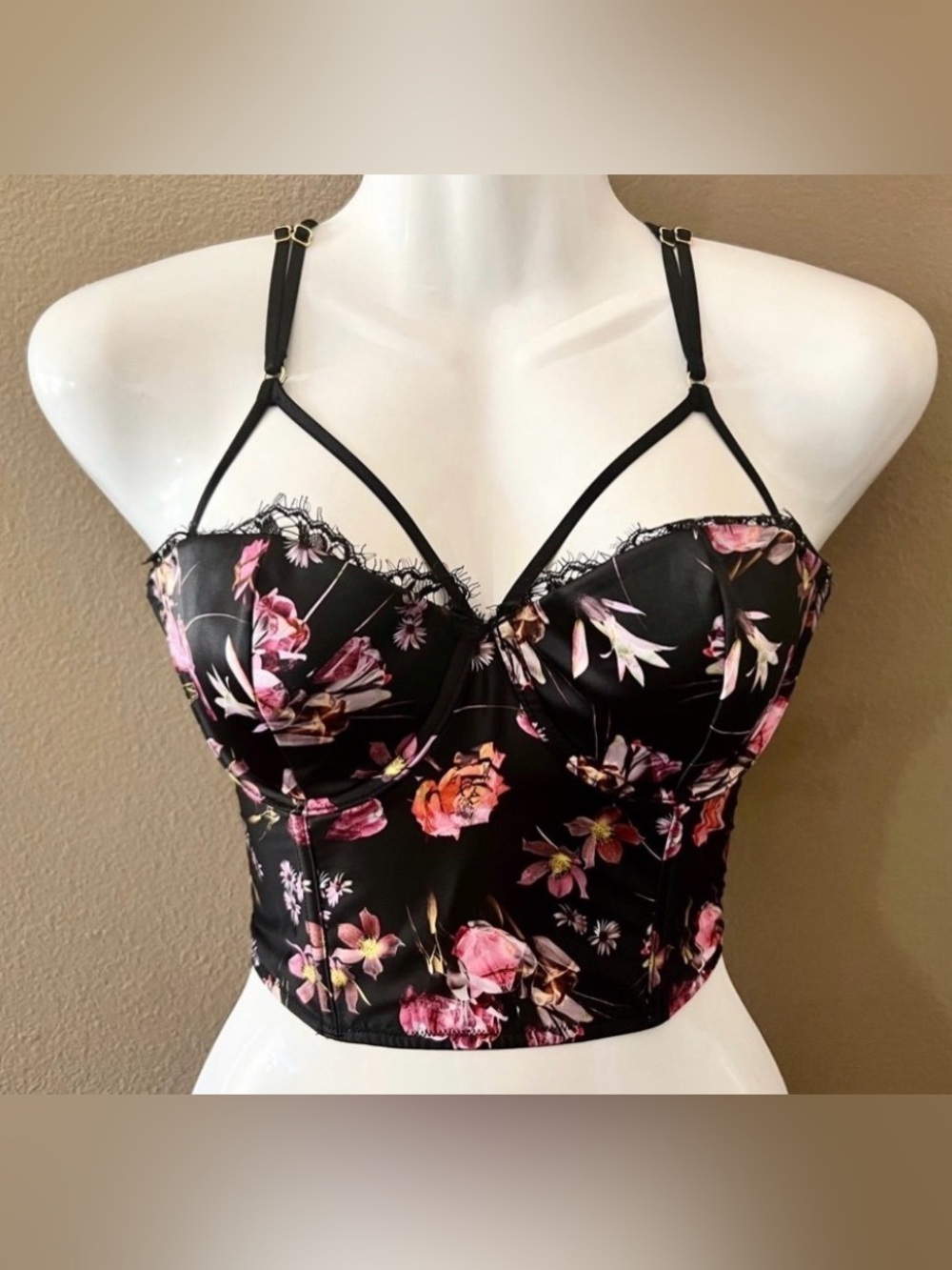 Floral Bustier Crop Top - Black with Pink Floral Print